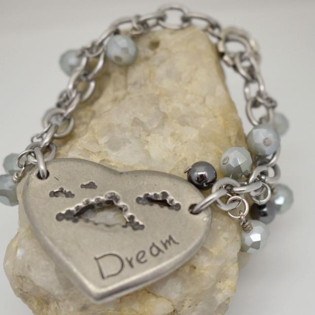 Dream Metal Heart Connector with Clouds Green Glass Bead Charm Bracelet